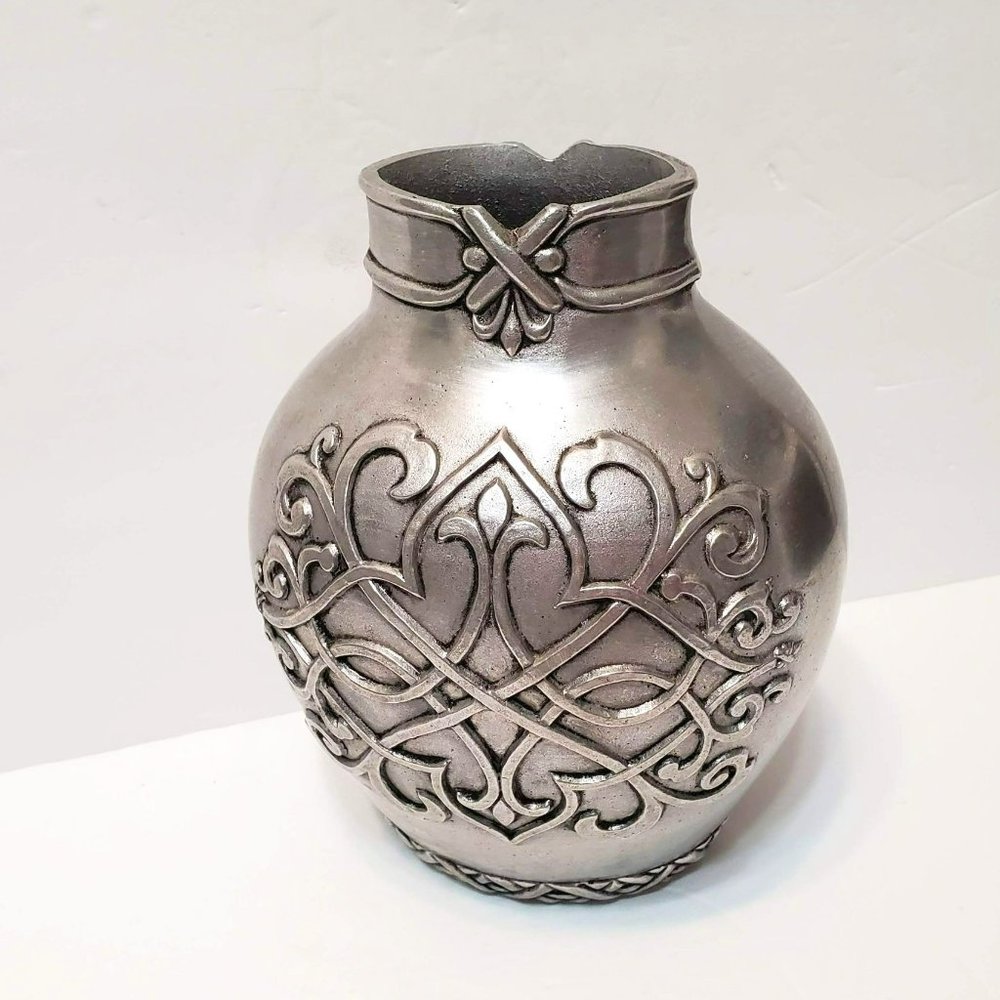 Silver Tone Vase, Carson Statesmetal Hand Crafted Large Heavy Embossed Design 8"
